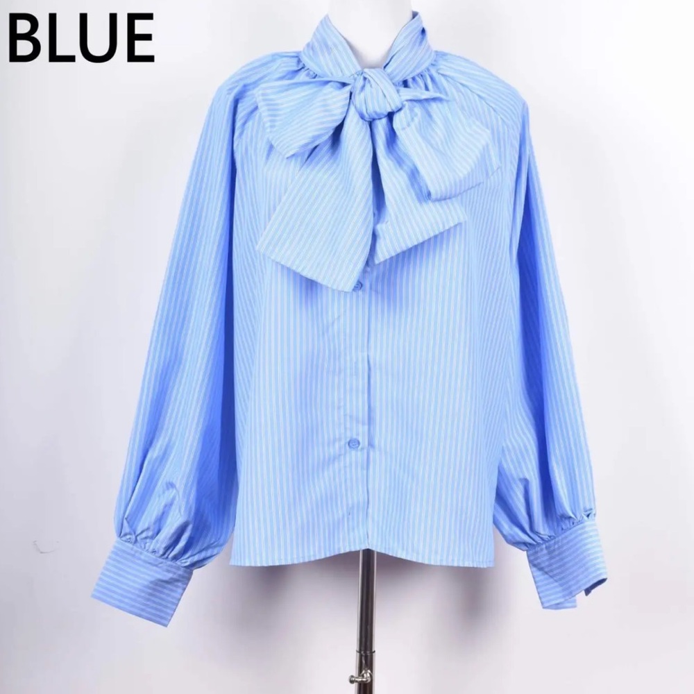 FROM PARIS FRANCE 🇫🇷 Blue Striped Women's Top with Bow - Picture 3 of 3
